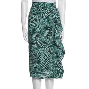 Max Mara Ruffle Front Skirt Made in Italy Green Abstract Print Button Design
